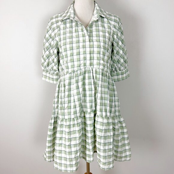 English Factory Sage Green Checkered Plaid Babydoll Dress Tiered Size Medium Wom - Picture 2 of 6